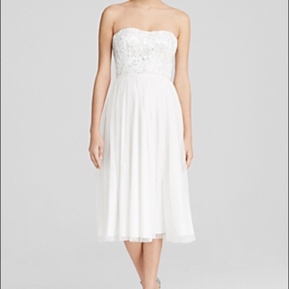 Aqua Strapless Beaded Bodice Tea Length Dress
